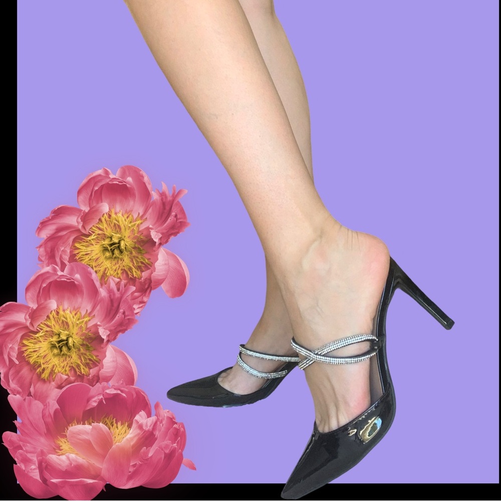 Unisa Rhinestone Patent Black Pointed Mule Heels Sz 8.5